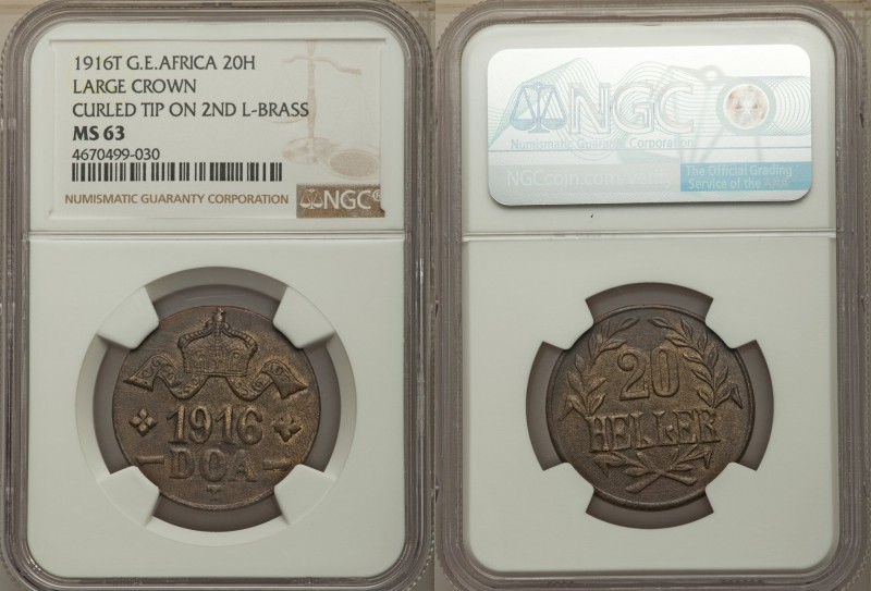 German Colony. Wilhelm II "Large Crown" 20 Heller 1916-T MS63 NGC, Tabora mint, ...