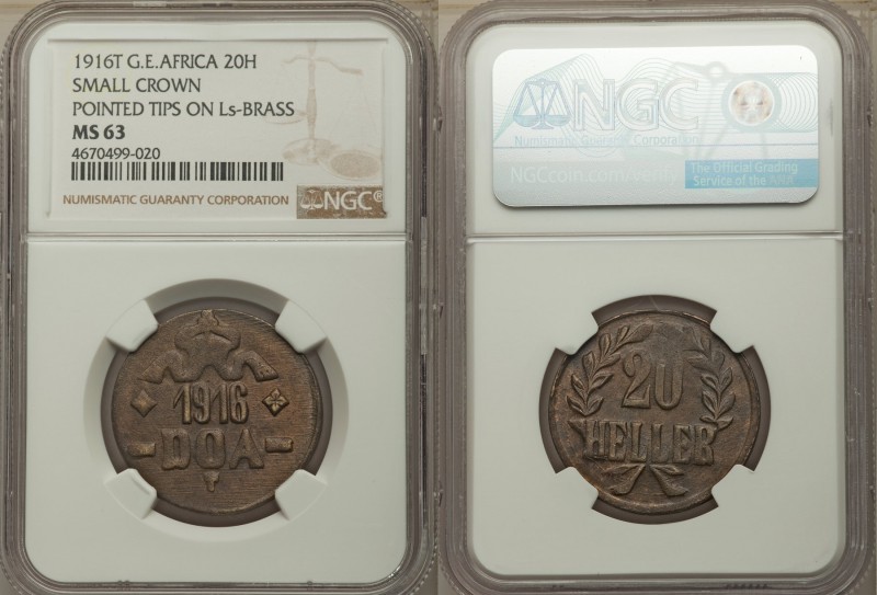German Colony. Wilhelm II "Small Crown" 20 Heller 1916-T MS63 NGC, Tabora mint, ...