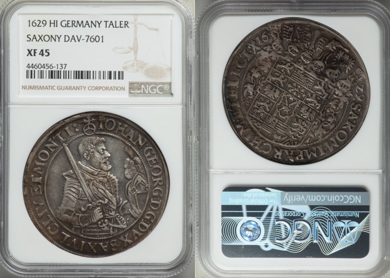 Saxony. Johann Georg I Taler 1629-HI XF45 NGC, KM132, Dav. 7601. Charcoal-gray t...