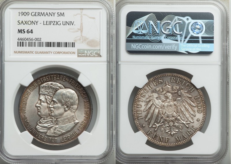 Saxony. Friedrich August III 5 Mark 1909 MS64 NGC, KM1269. University of Leipzig...