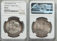 Saxony. Friedrich August III 5 Mark 1909 MS64 NGC, KM1269. University of Leipzig commemorative. Deeper toning around the devices with radiant luster.
...