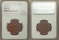 Empire copper "World War I Propaganda" Medal 1914 MS64 Brown NGC, Zetzmann-2161 var. 28mm. Germania nude with scythe in hand, on horse leaping above a...