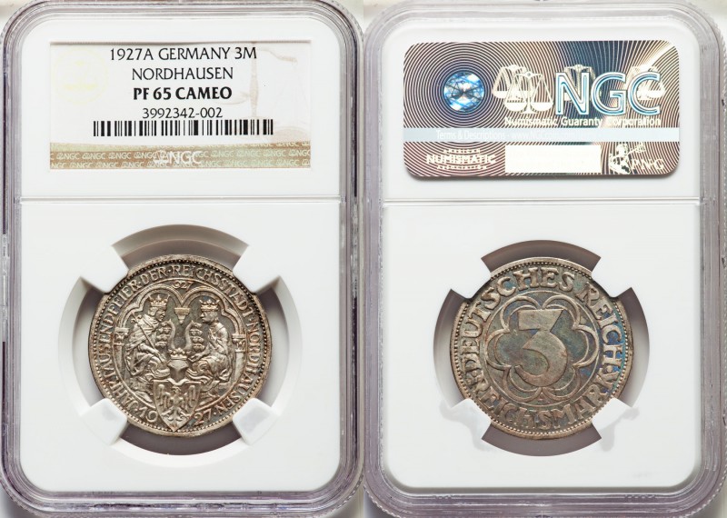 Weimar Republic Proof "Nordhausen" 3 Mark 1927-A PR65 Cameo NGC, Berlin mint, KM...
