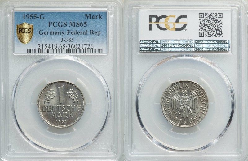 Federal Republic Mark 1955-G MS65 PCGS, Karlsruhe mint, KM110, Jaeger-385. The l...