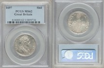 William III Shilling 1697 MS62 PCGS, KM485.1. A silvery near-choice representative, starkly haymarked and clearly struck from quite abraded dies. From...