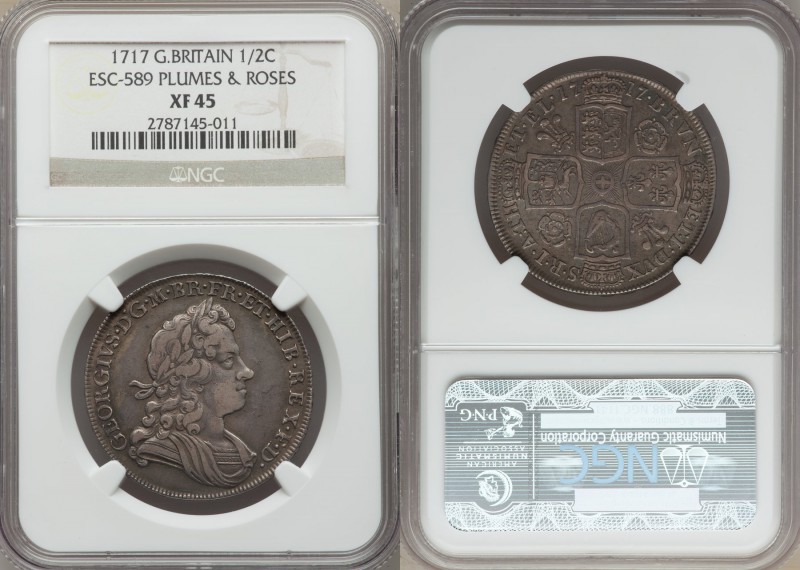 George I 1/2 Crown 1717 XF45 NGC, KM540.1, ESC-589. Nice contrasting tone with a...