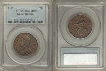 George II 1/2 Penny 1739 MS63 Brown PCGS, KM566, S-3717. A scarce date in higher grades, the year itself impressed especially boldly into the flan. Fr...