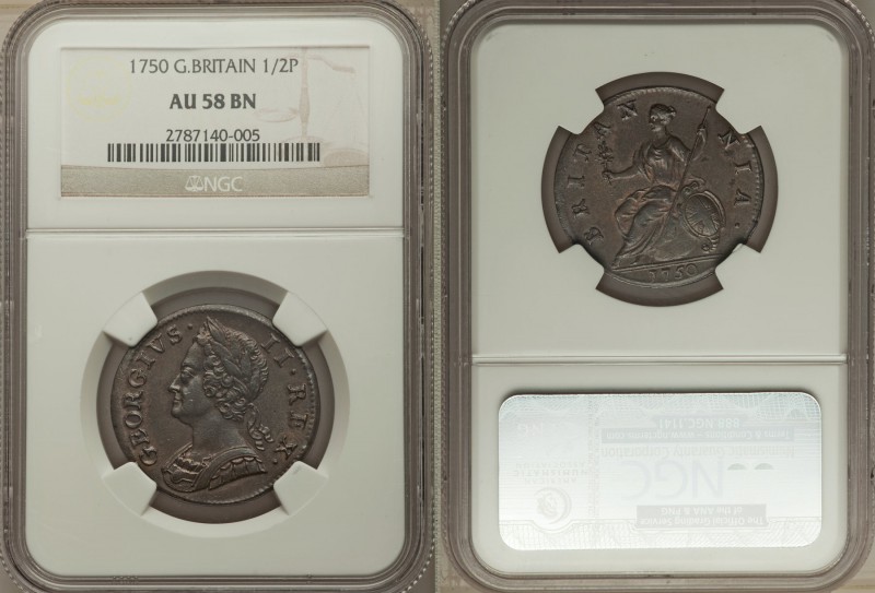 George II 1/2 Penny 1750 AU58 Brown NGC, KM579.2. A well-engraved representative...