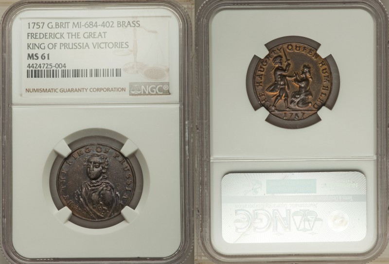 Frederick the Great brass "Victories" Token 1757 MS61 NGC, MI-684-402. Struck fo...