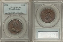 George III 1/2 Penny 1772 MS64 Brown PCGS, KM601. Glorious quality for George III's mid eighteenth-century coinage, luxurious tangerine and peripheral...