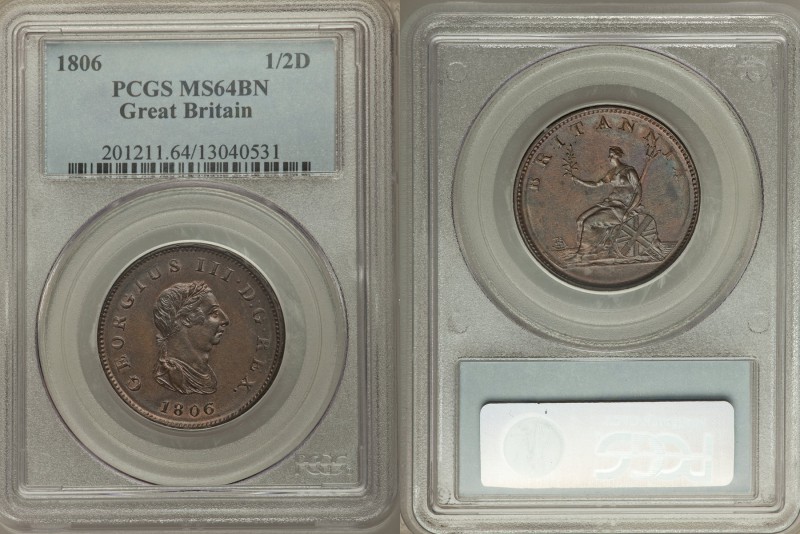 George III 1/2 Penny 1806-SOHO MS64 Brown PCGS, Soho mint, KM662, S-3781. Verita...