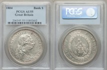 George III Bank Dollar of 5 Shillings 1804 AU55 PCGS, KM-Tn1, S-3768. Emergency issue and an important one-year type. Very little wear. From the Lake ...