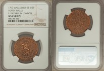 North Wales copper 1/2 Penny Token 1793 MS63 Red and Brown Prooflike NGC, D&H-1B. E: Payable in London. 

HID09801242017