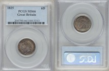 George IV 6 Pence 1825 MS66 PCGS, KM691, S-3814. Gorgeous cartwheel luster and handsome old collection toning. From the Lake County Collection

HID098...