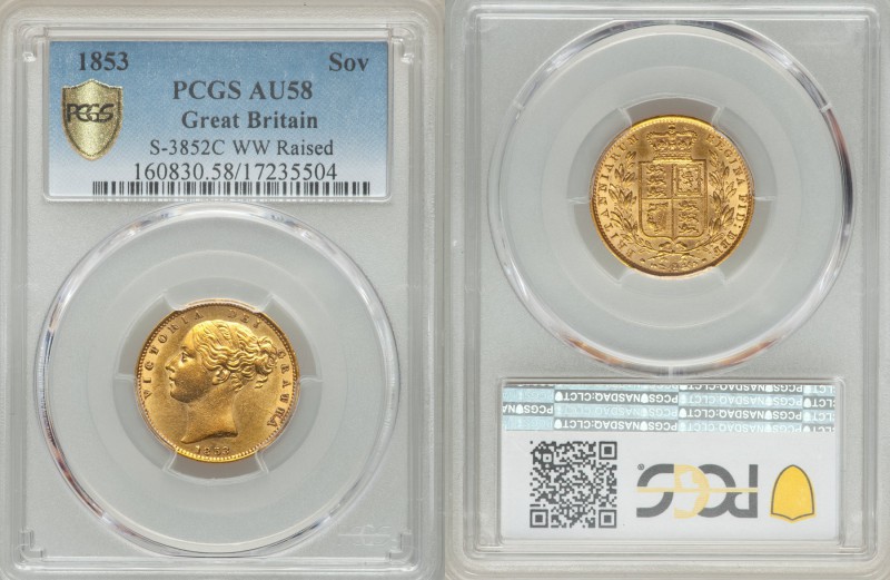 Victoria gold Sovereign 1853 AU58 PCGS, KM736.1, S-3852C. Variety with WW raised...