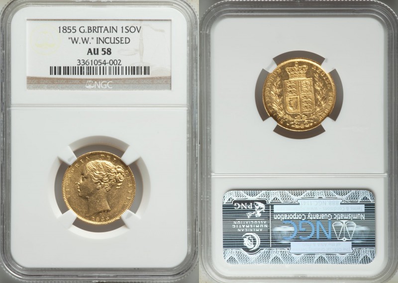 Victoria gold Sovereign 1855 AU58 NGC, KM736.1, S-3852. Variety with W.W. in inc...