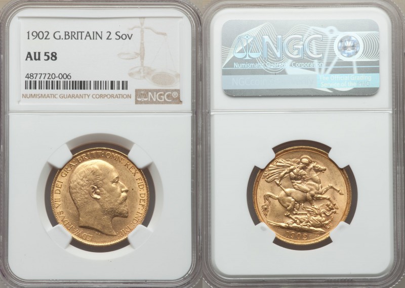 Edward VII gold 2 Pounds 1902 AU58 NGC, KM806, S-3968. Desirable type, lightly c...