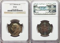 George V Proof Florin 1911 PR65 NGC, KM817. A most charming proof, primarily champagne color on the obverse giving way to striking lapis lazuli and cr...