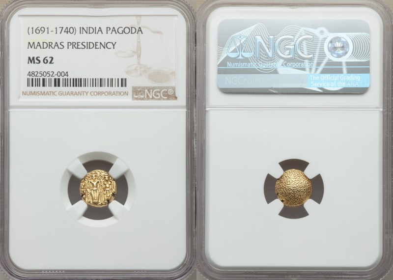 British India. Madras Presidency gold Pagoda ND (1691-1740) MS62 NGC, Fort St. G...
