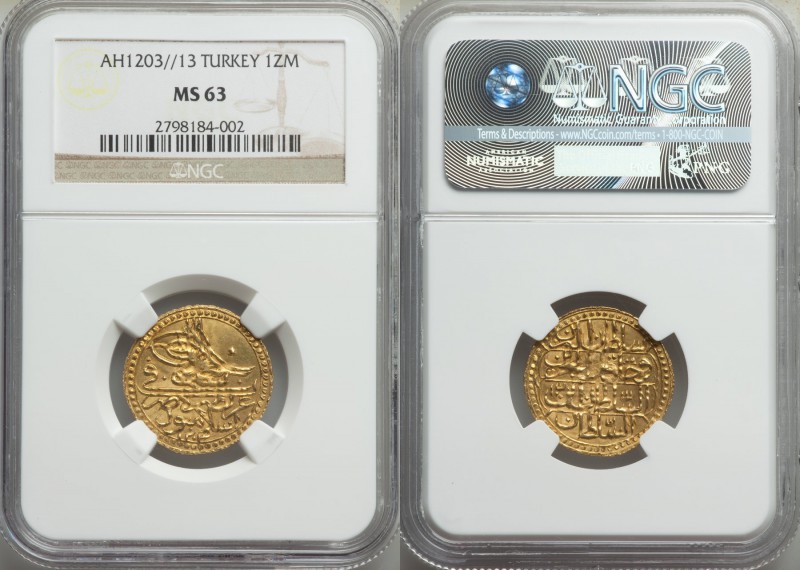 Ottoman Empire. Selim III gold Zeri Mahbub AH 1203 Year 13 (1801/2) MS63 NGC, Is...