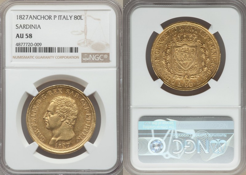 Sardinia. Carlo Felice gold 80 Lire 1827 (Anchor)-P AU58 NGC, Genoa mint, KM123....