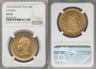 Sardinia. Carlo Felice gold 80 Lire 1827 (Anchor)-P AU58 NGC, Genoa mint, KM123.2, Fr-1133. Few edge dings but quite attractive and generous amount of...