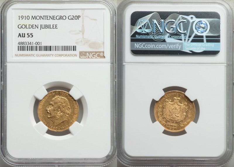 Nicholas I gold 20 Perpera 1910 AU55 NGC, KM11. Lustrous with nearly full detail...