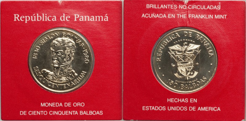 Republic gold 150 Balboas 1980 UNC, Franklin mint, KM68. 150th anniversary of th...