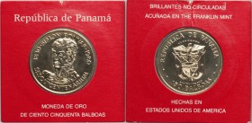 Republic gold 150 Balboas 1980 UNC, Franklin mint, KM68. 150th anniversary of the death of Bolivar. Mintage of just 169 pieces. AGW 0.1233 oz. 

HID09...