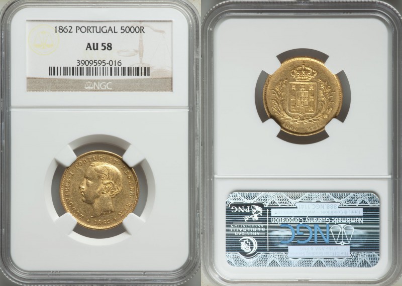 Luiz I gold 5000 Reis 1862 AU58 NGC, KM508. A choice example that exhibits the l...