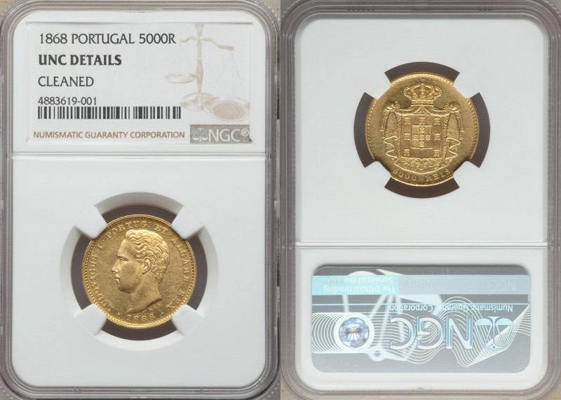 Luiz I gold 5000 Reis 1868 UNC Details (Cleaned) NGC, Lisbon mint, KM516. Crisp ...