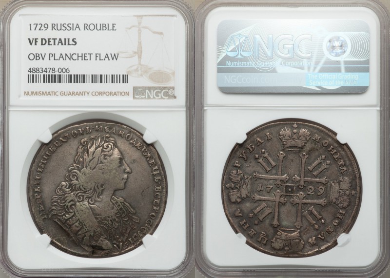 Peter II Rouble 1729 VF Details (Obverse Planchet Flaw) NGC, KM182.3, Dav-1669. ...