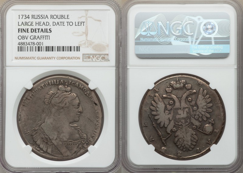 Anna Rouble 1734 Fine Details (Obverse Graffiti) NGC, Moscow mint, KM197, Dav. 1...