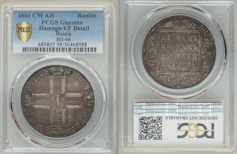 Paul I Rouble 1801 CM-AИ VF Detail (Damage) PCGS, St. Petersburg mint, KM-C101a,...