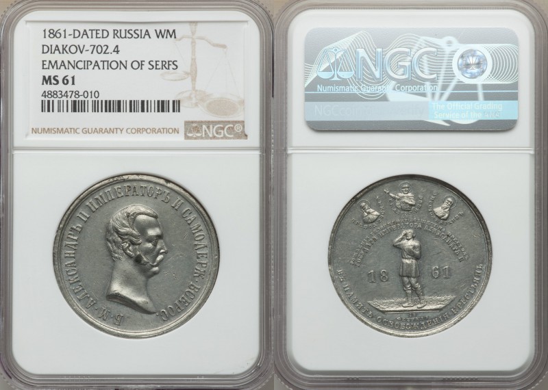 Alexander II white-metal "Emancipation of Serfs" Medal 1861 MS61 NGC, Diakov-702...
