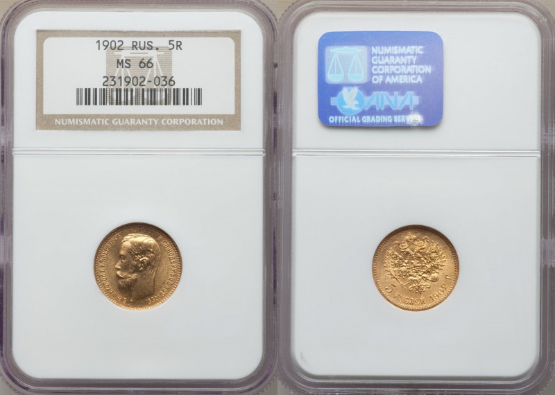Nicholas II gold 5 Roubles 1902-AP MS66 NGC, St. Petersburg mint, KM-Y62.

HID09...