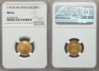 Charles IV gold Escudo 1791-MF MS61 NGC, Madrid mint, KM434. Boldly struck with a handsome portrait of the king and light toning with coppery-rose hue...