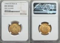 Charles IV gold 2 Escudos 1799 M-MF UNC Details (Obverse Cleaned) NGC, Madrid mint, KM435.1. Despite the noted cleaning, the coin exhibits strong radi...