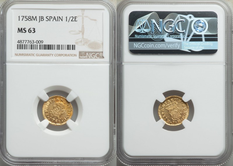 Ferdinand VI gold 1/2 Escudo 1758 M-JB MS63 NGC, Madrid mint, KM378. Highly lust...