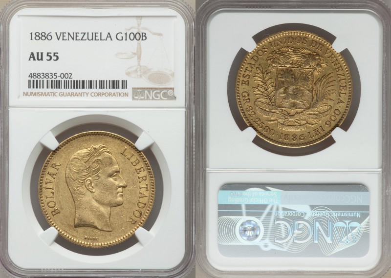 Republic gold 100 Bolivares 1886 AU55 NGC, Caracas mint, KM-Y34, Fr-2.

HID09801...