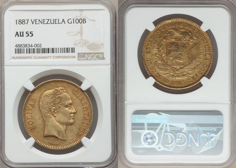 Republic gold 100 Bolivares 1887 AU55 NGC, Caracas mint, KM-Y34. Brassy color wi...