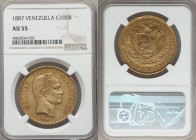 Republic gold 100 Bolivares 1887 AU55 NGC, Caracas mint, KM-Y34. Brassy color with a light presence of toning in the legends. 

HID09801242017