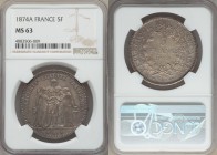 Republic 3-Piece Lot of Uncertified Assorted Issues NGC, 1) France: Republic 5 Francs 1874-A - MS63, Paris mint, KM820.1 2) South Africa: Republic Pen...