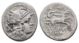 Republic. L. Furius Purpurio, ca. 169-158 BC. AR Denarius (17.4 mm, 2.96 g.), Rome mint. Helmeted head of Roma to right; X (mark of value) behind. Rev...