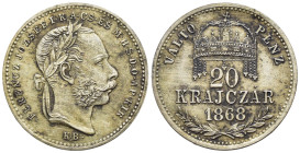 Austria Ungheria - Franz Joseph I (1848-1916) - 20 Krajczar 1868 KB - Mint: Kremnica - Ag .500 - KM#446.1

SPEDIZIONE SOLO IN ITALIA - SHIPPING ONLY...