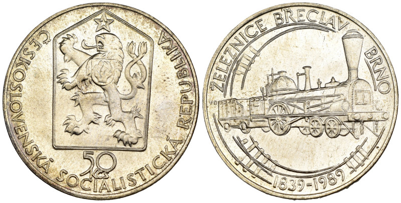 Cecoslovacchia - 50 Korun 1989 - 150° anniversario della ferrovia da Breclav a B...