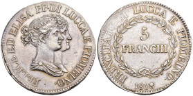 Firenze - Principato di Lucca e Piombino - Elisa Bonaparte e Felice Baciocchi (1805-1814) - 5 Franchi 3° Tipo, busti medi 1808 - Ag - RARA - Gigante 5...