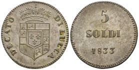 Lucca - Ducato di Lucca - Carlo Ludovico di Borbone (1824-1847) - 5 Soldi 1833 - R/ Cifre 33 della data con trattino - Mi - RARA - Gigante 7a

SPEDI...