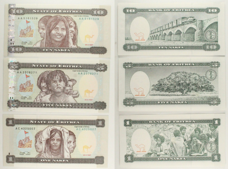 Eritrea - Lotto di 3 banconote: 10 Nakfa 1997 P#3 - 5 Nakfa 1997 P#2 - 1 Nakfa 1...