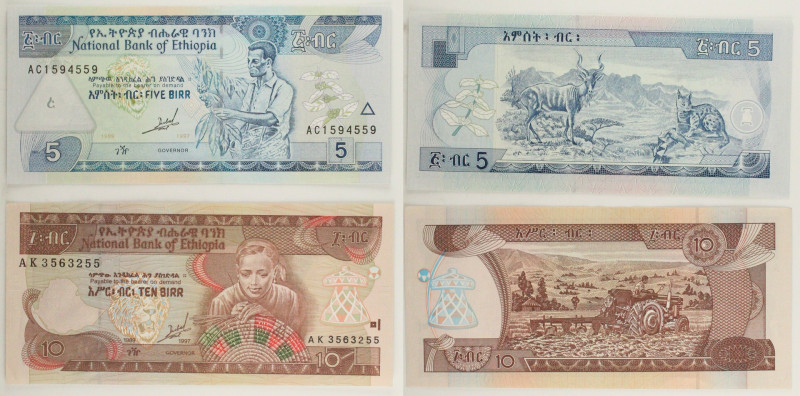 Etiopia - Lotto di 2 banconote: 10 Birr 1989-2009 (1997-2017) P#48 - 5 Birr 1989...